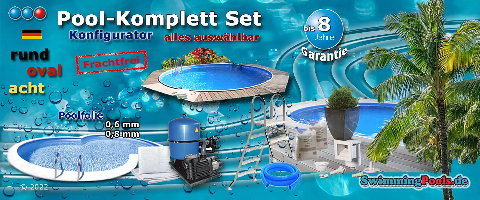 Pool Komplettset in rund, oval und in achtform mit Filteranlage, Leiter und Zubehoer