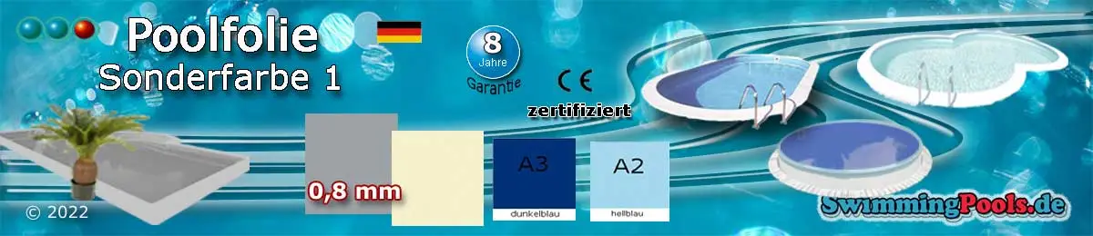 Pool Ersatzfolie Sonderfarbe 1  Hellblau, Dunkelblau, Grau und weiss, frostsicher und sehr widerstandsfähig, auch in anderen Farben und Größen verfügbar