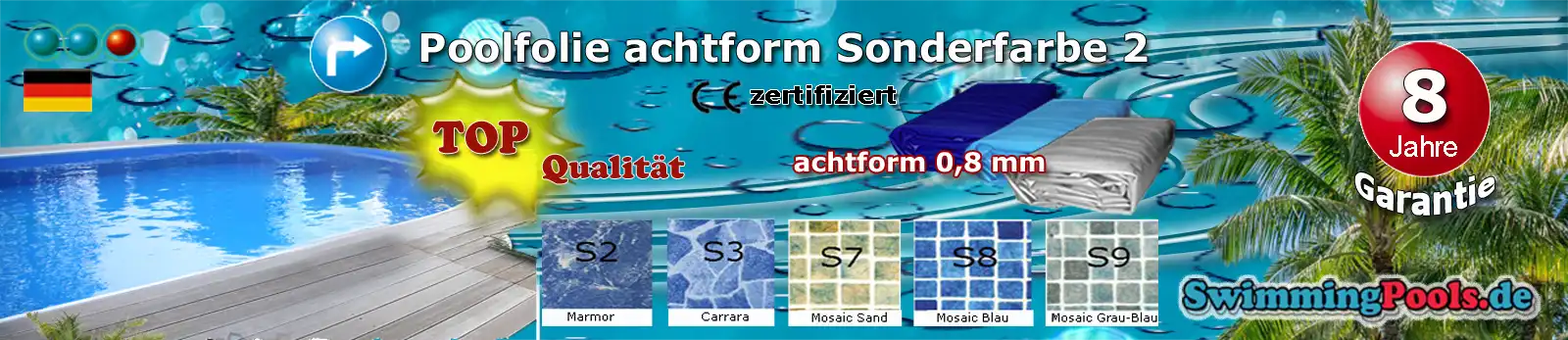 Schwimmbadfolie Farben 2 Oval wie Marmor, Carrara, Mosaik Sand, Mosaik Blau und Mosaik Grau-Blau 0,8 mm