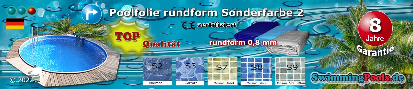 Poolfolie Farben 2 Rund wie Marmor, Carrara, Mosaik Sand, Mosaik Blau und Mosaik Grau-Blau 0,8 mm Schnellauswahl - alle Grössen sind im Menü auswählbar