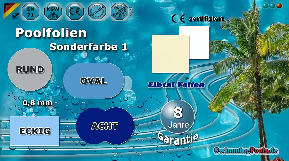 Pool Ersatzfolie Sonderfarbe 1  Hellblau, Dunkelblau, Grau und weiss, frostsicher und sehr widerstandsfähig, auch in anderen Farben und Größen verfügbar