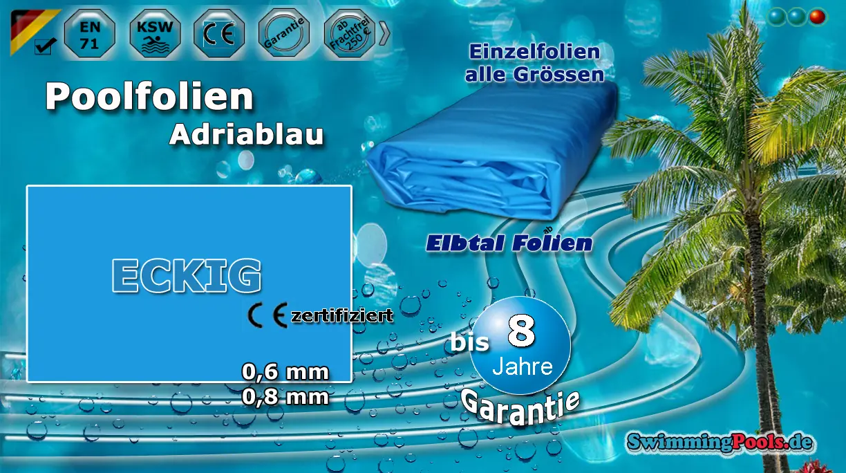 Pool Ersatzfolie rechteckig in blau UV-beständig und frostsicher in vielen Grössen, die Stärke der Folien ist auswählbar