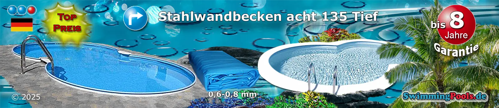 Achtform Pool 7,25 x 4,60 und 1,35 tief